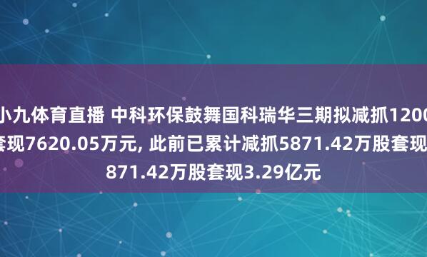 小九体育直播 中科环保鼓舞国科瑞华三期拟减抓1200.01万股套现7620.05万元， 此前已累计减抓5871.42万股套现3.29亿元