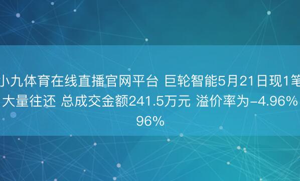 小九体育在线直播官网平台 巨轮智能5月21日现1笔大量往还 总成交金额241.5万元 溢价率为-4.96%